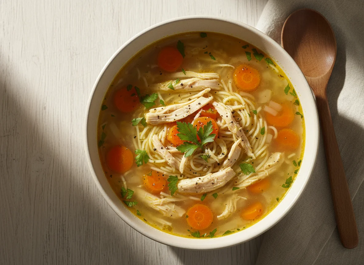 Sopa de frango com legumes e macarrão photo