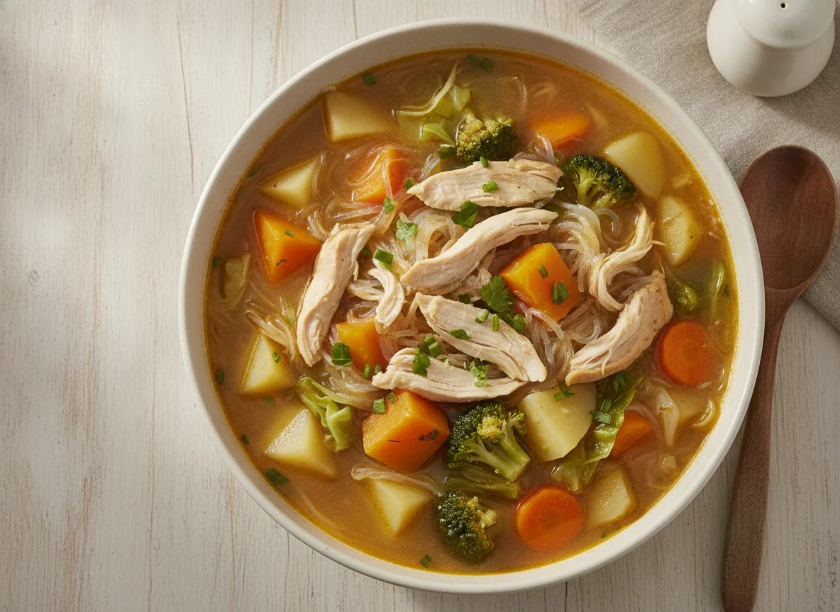 Sopa de frango com legumes e macarrão de arroz photo