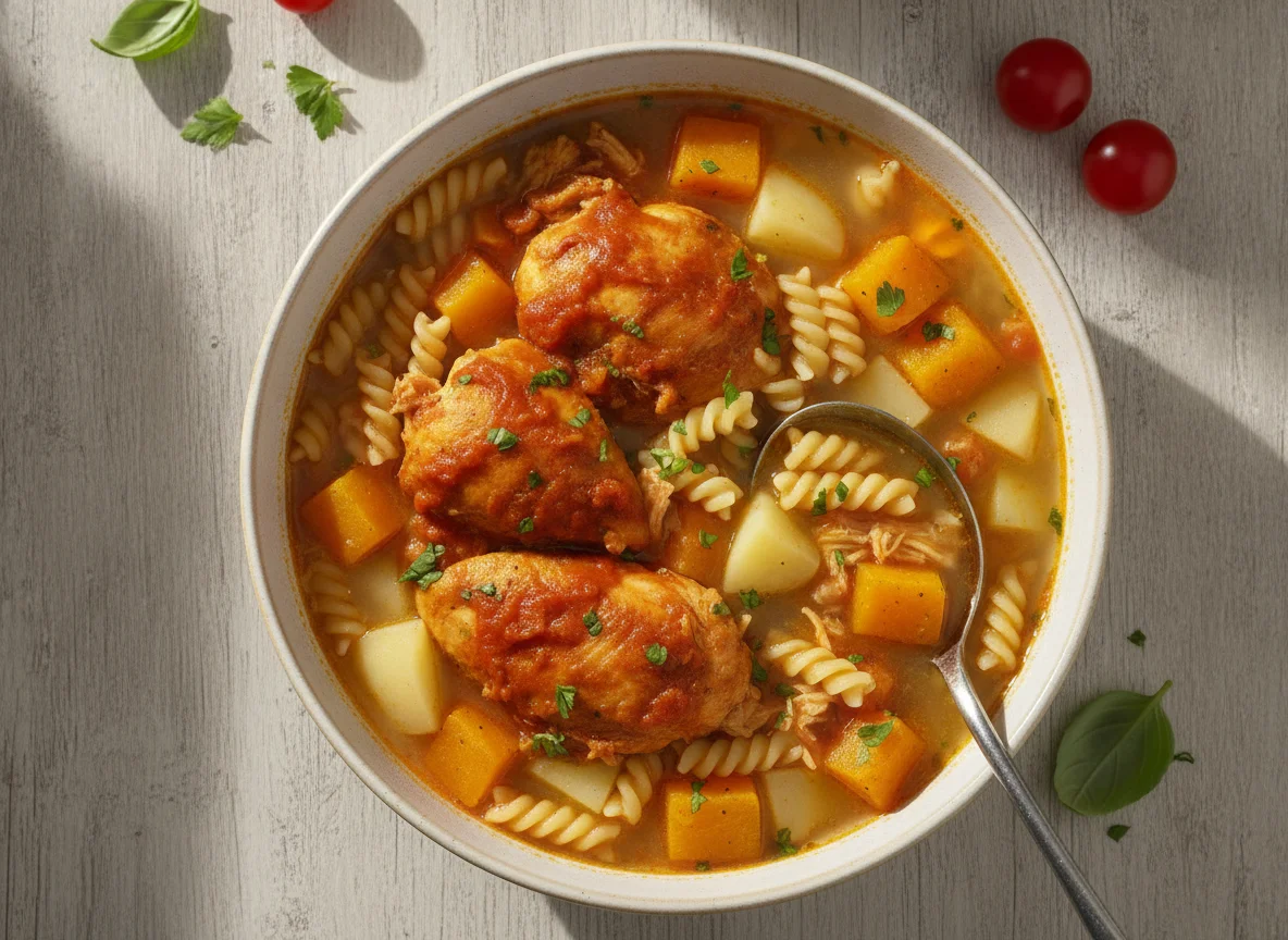 Sopa de frango com macarrão abóbora batata inglesa e frango com molho de tomate photo