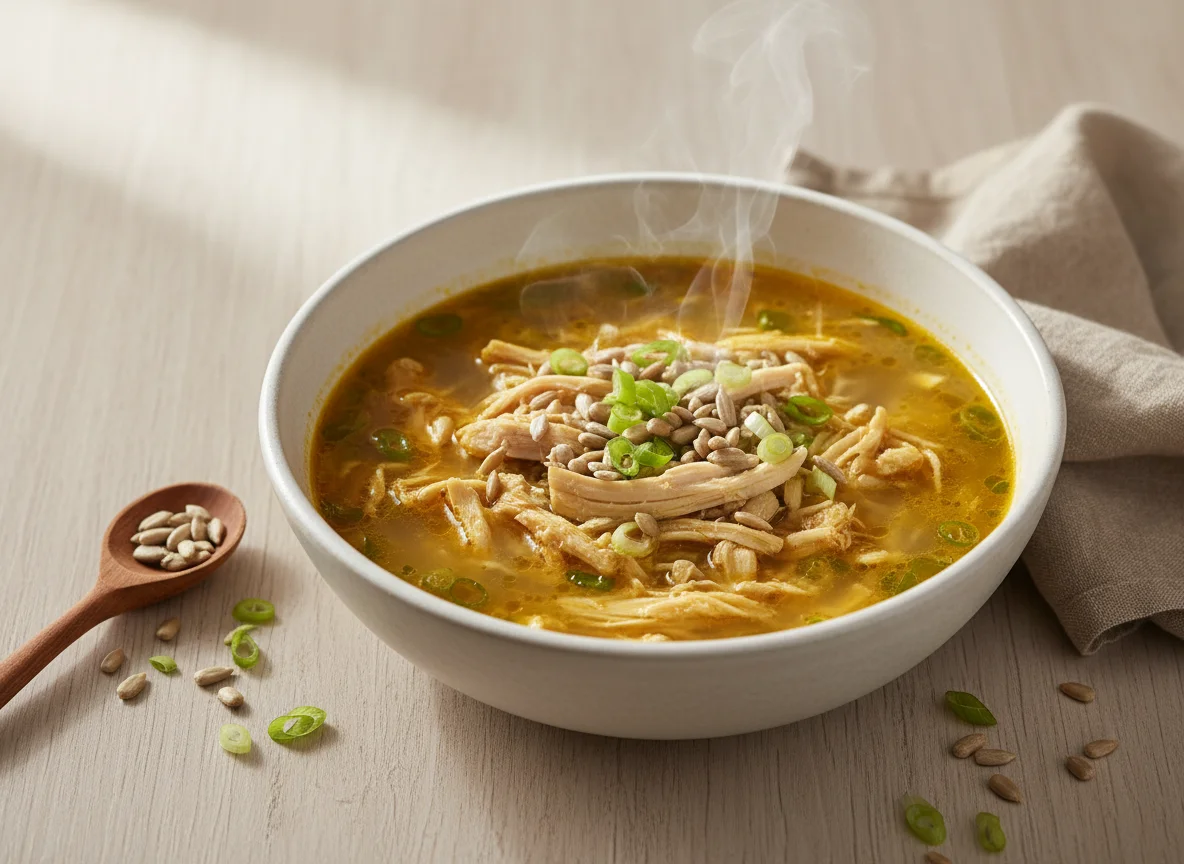 Sopa de frango com sementes de girassol photo