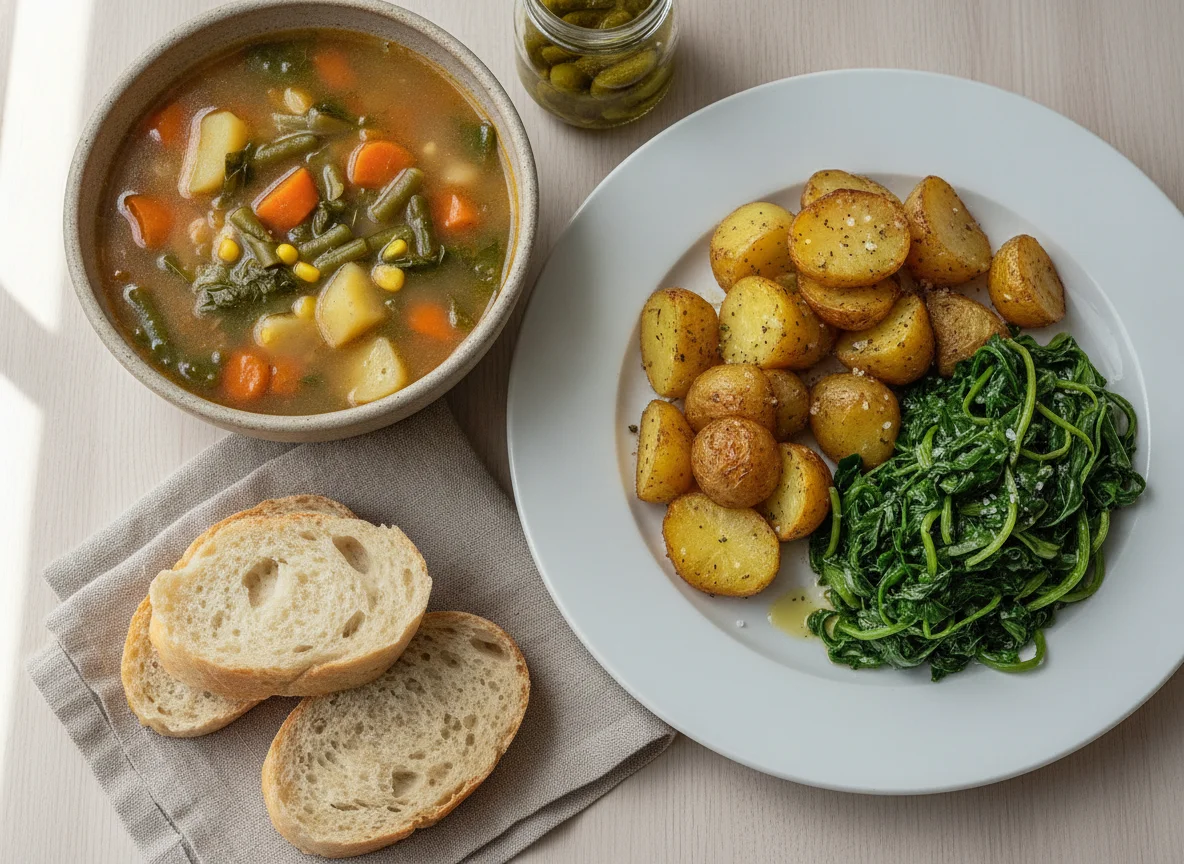 Sopa de legumes, batatas assadas e grelos photo