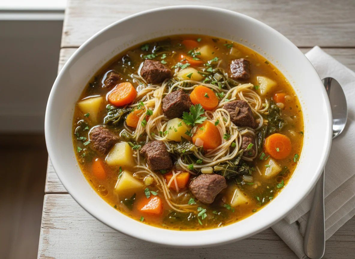 Sopa de legumes com carne e macarrão photo