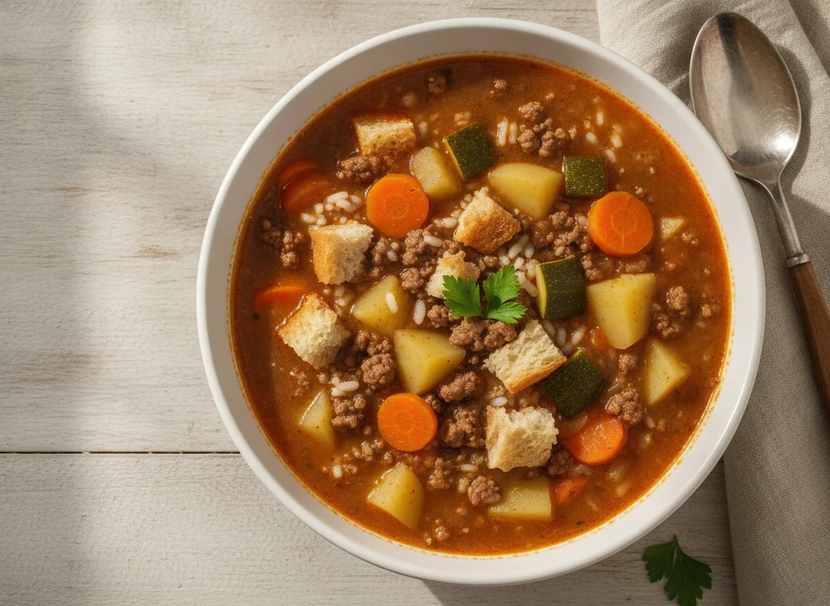 Sopa de legumes com carne e pão photo