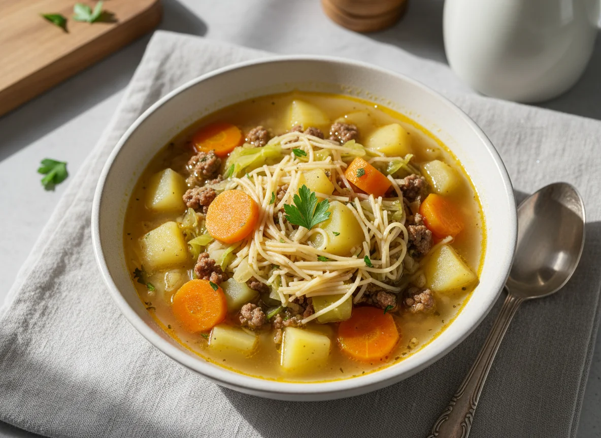 Sopa de legumes com carne moída e macarrão photo