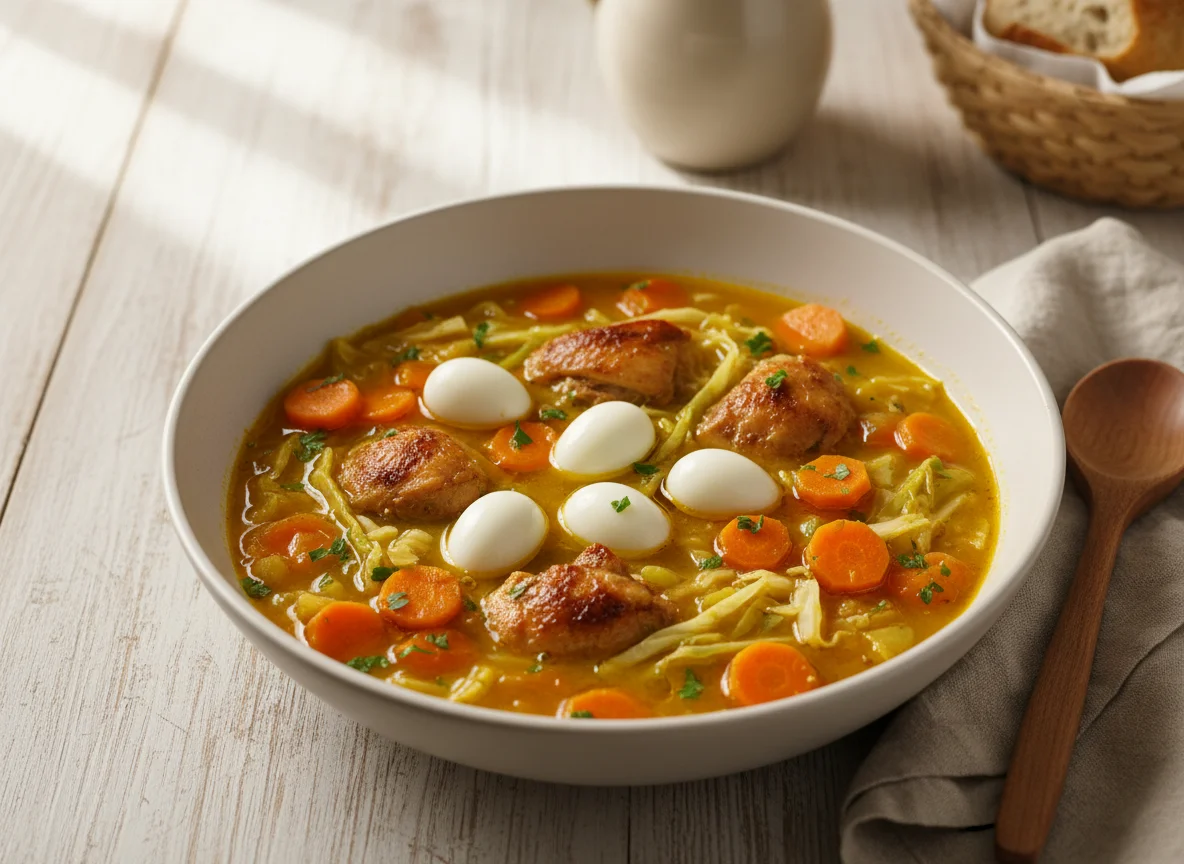 Sopa de legumes com frango e ovos de codorna photo