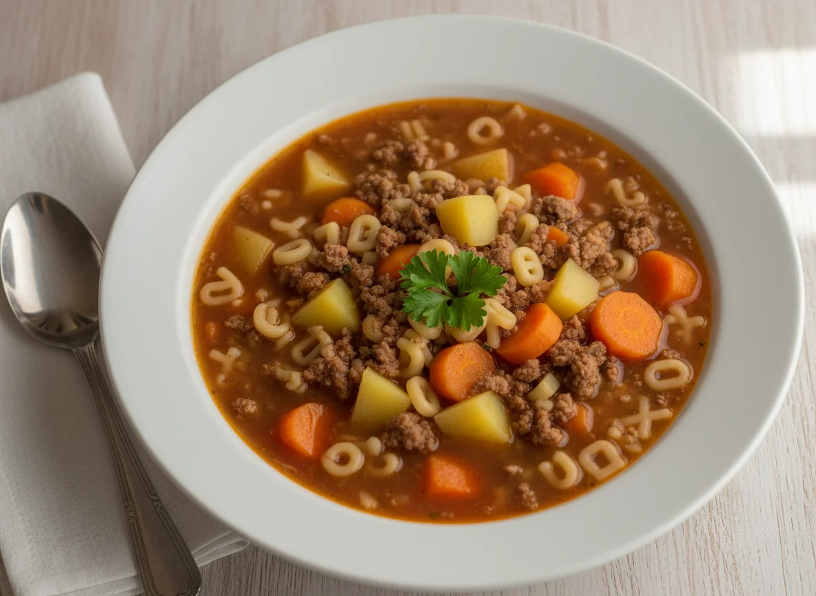 Sopa de legumes com macarrão e carne moída photo