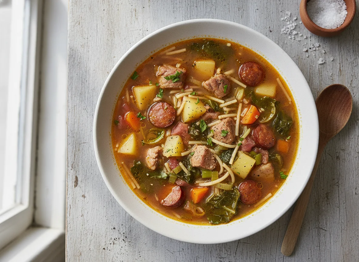 Sopa de Legumes com Massa e Carne photo