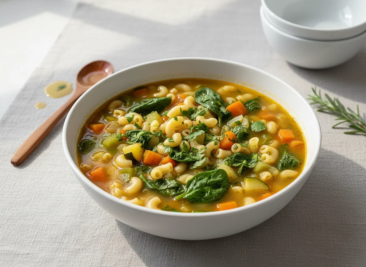 Sopa de legumes com massa e espinafres photo