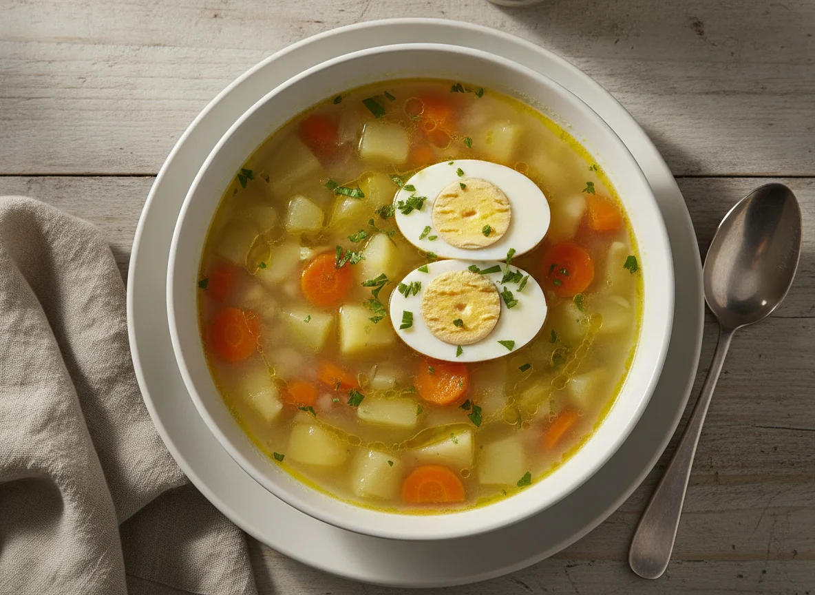 Sopa de legumes com ovo cozido photo