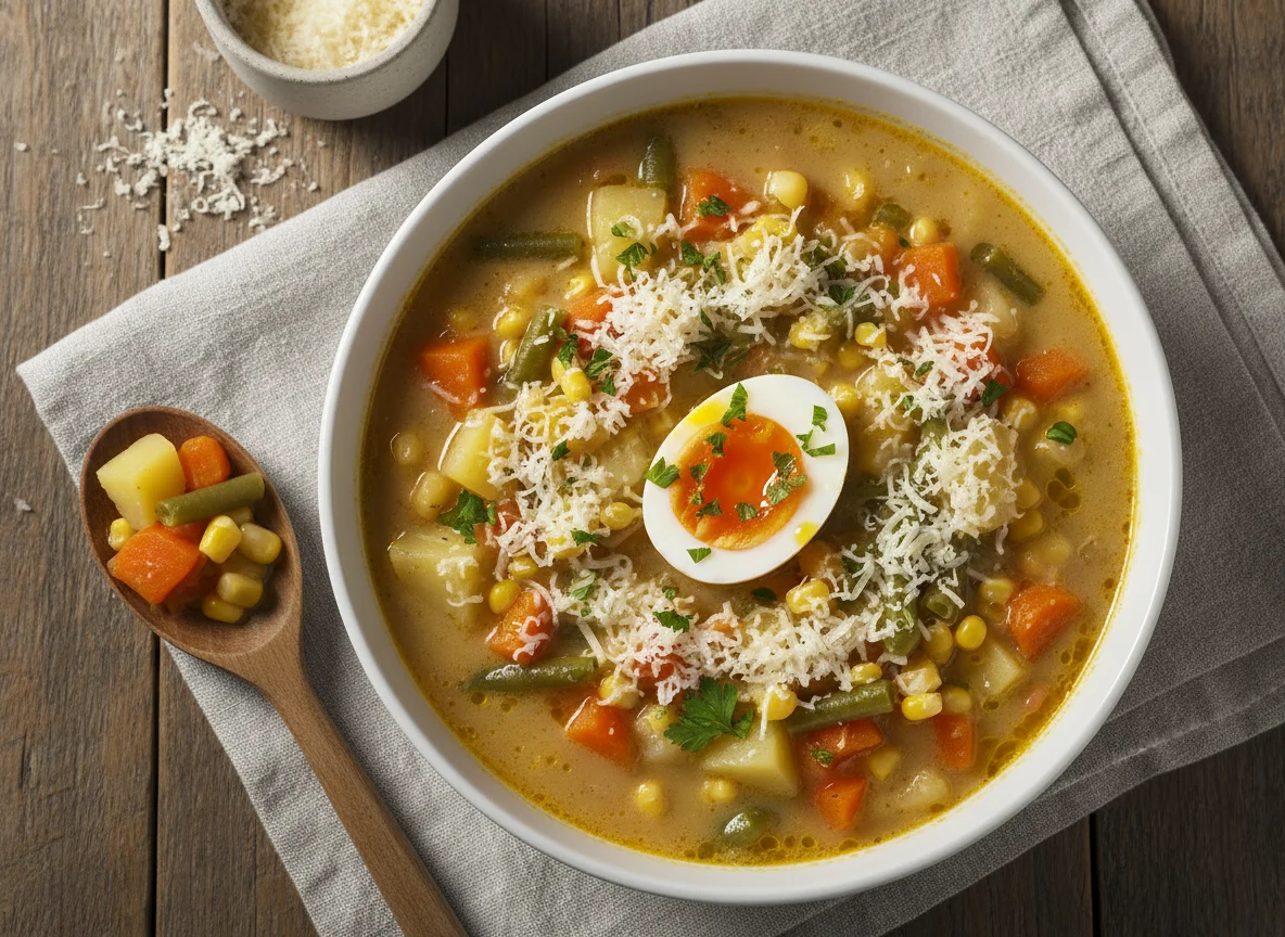 Sopa de legumes com queijo ralado e ovo photo