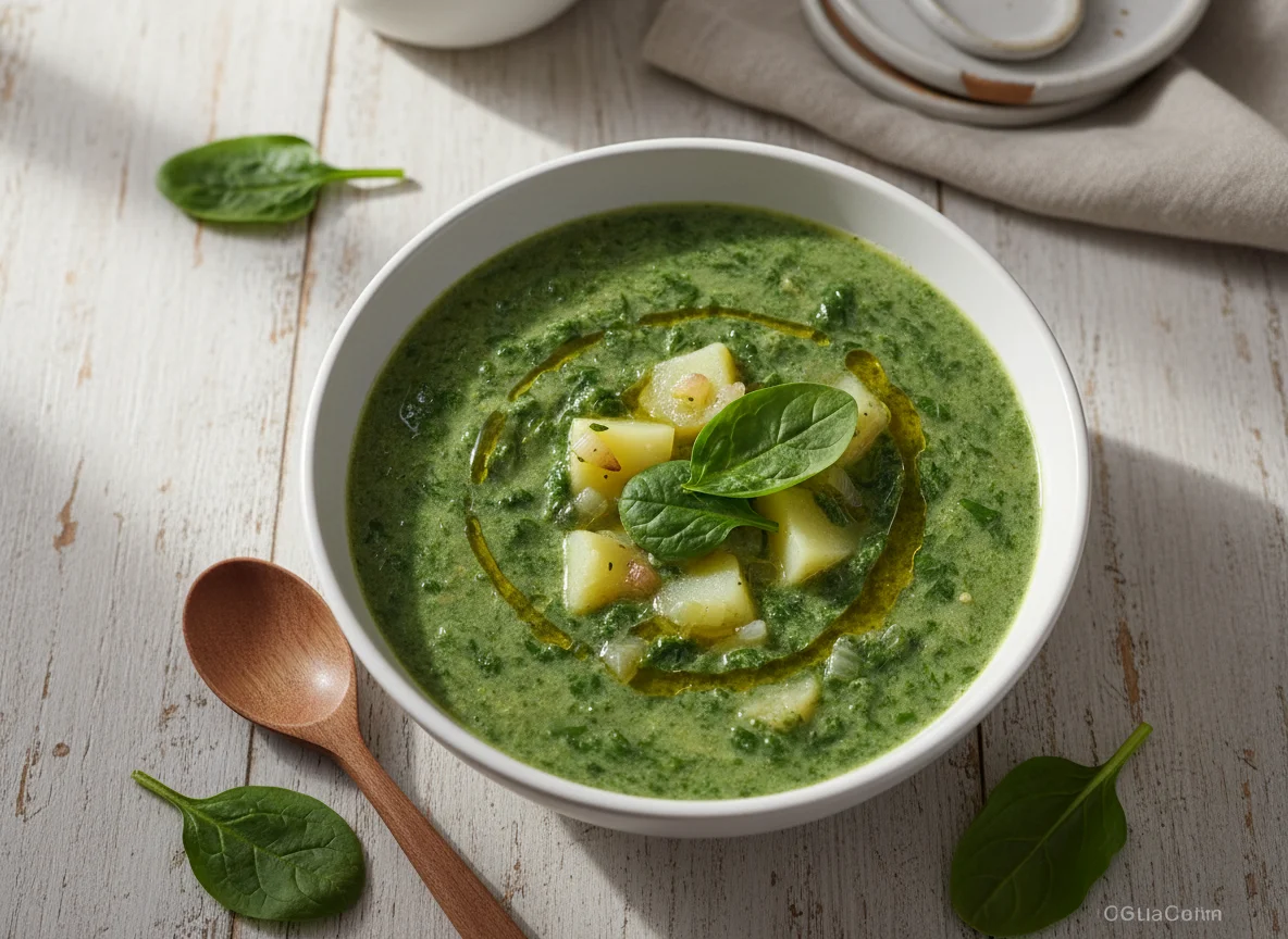 Sopa de legumes cremosa com espinafres photo