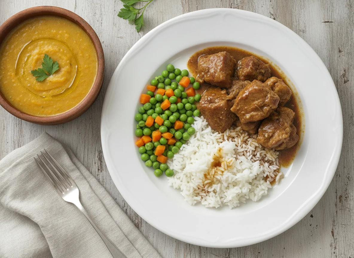 Sopa de legumes e prato de carne com arroz e ervilhas photo
