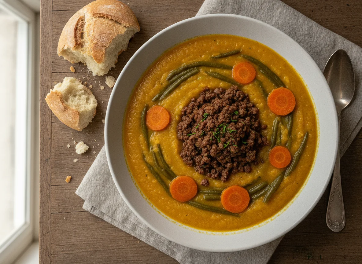 Sopa de legumes, feijão verde com cenoura, carne picada e pão photo