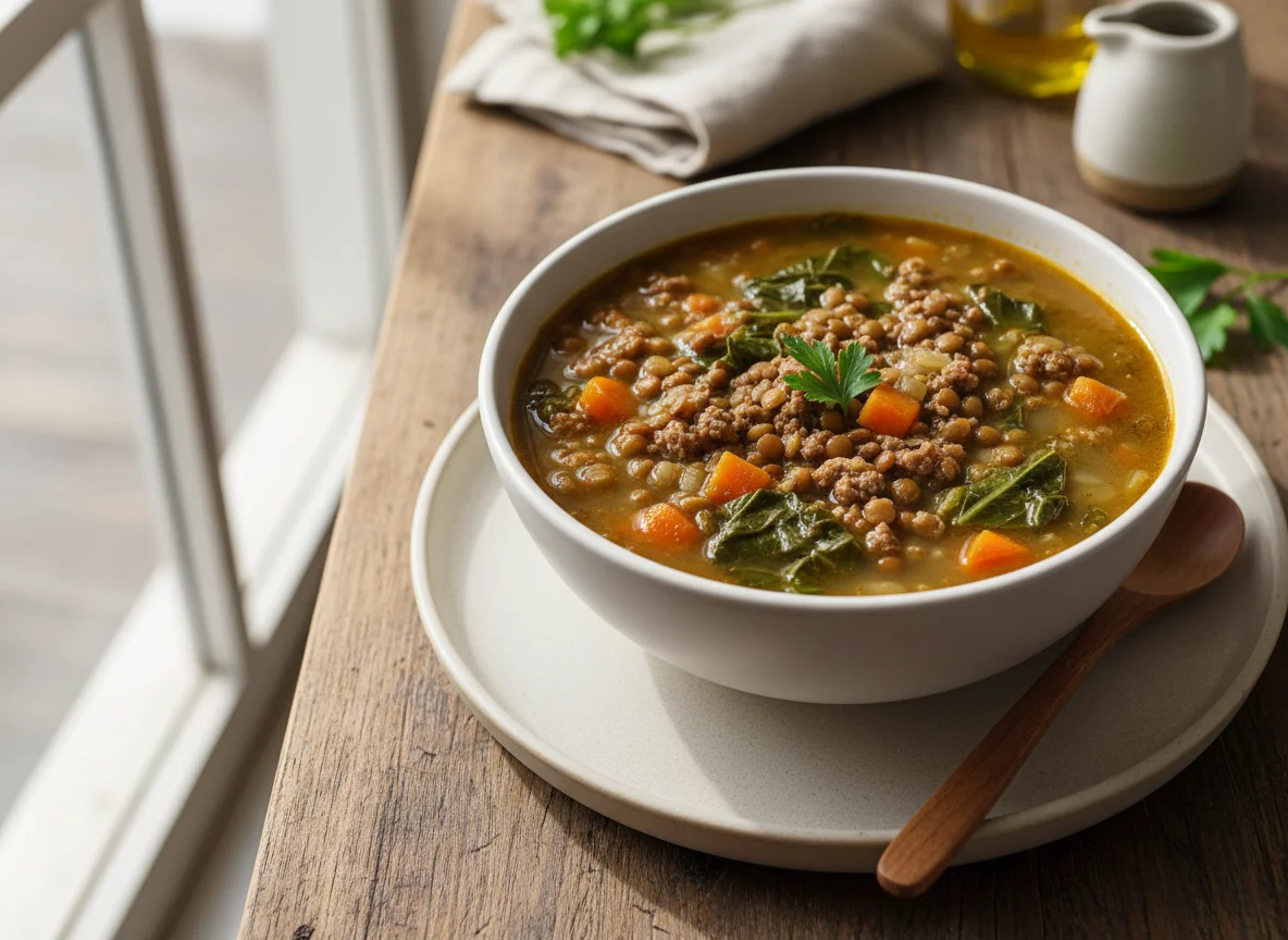 Sopa de lentilha com legumes e carne moída photo