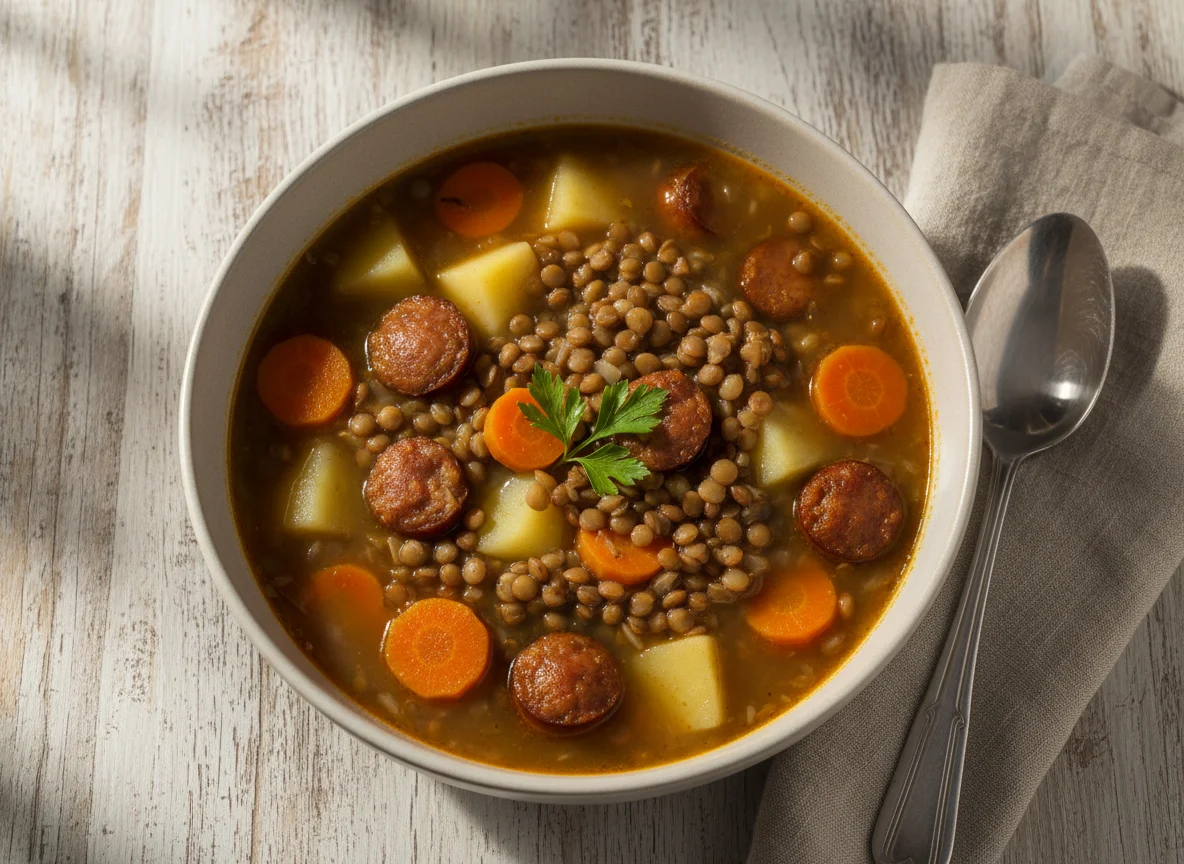 Sopa de Lentilha com Legumes e Linguiça photo