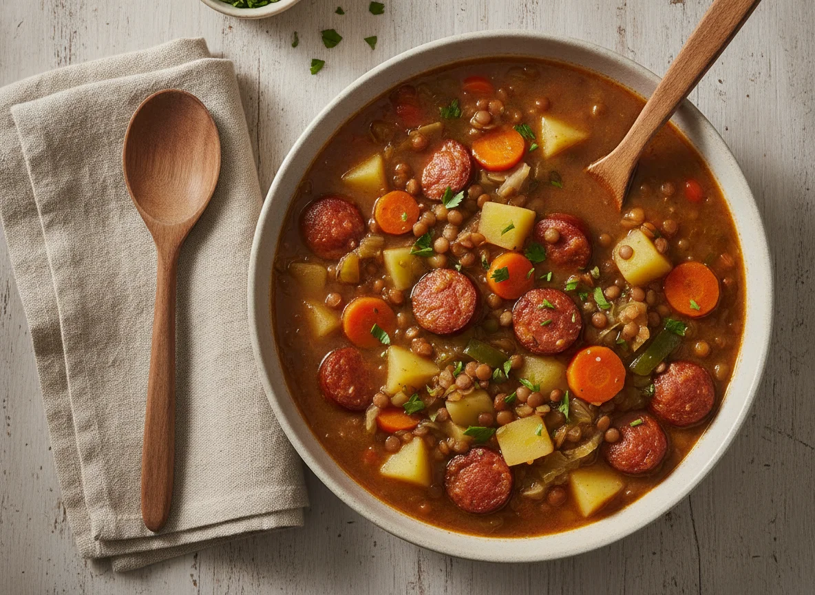 Sopa de Lentilha com Linguiça e Legumes photo