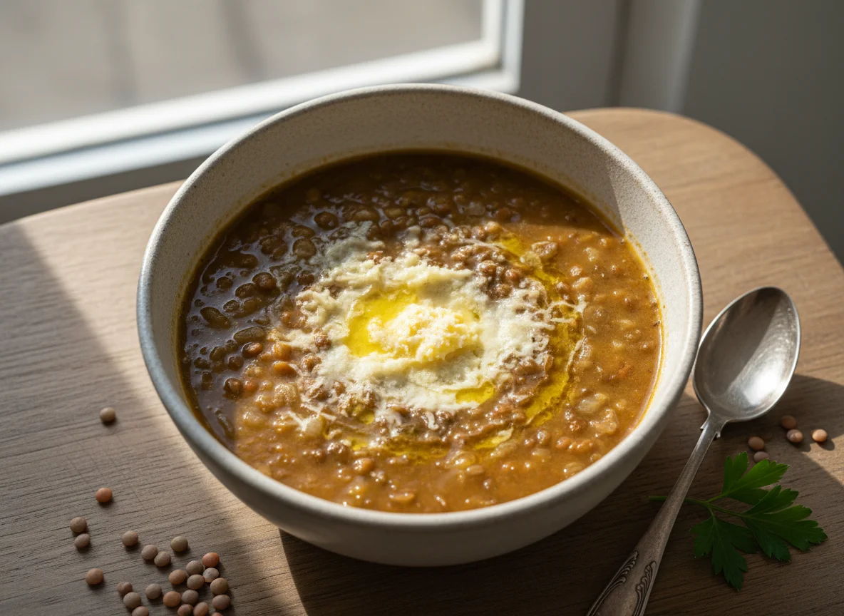 Sopa de lentilha com queijo photo