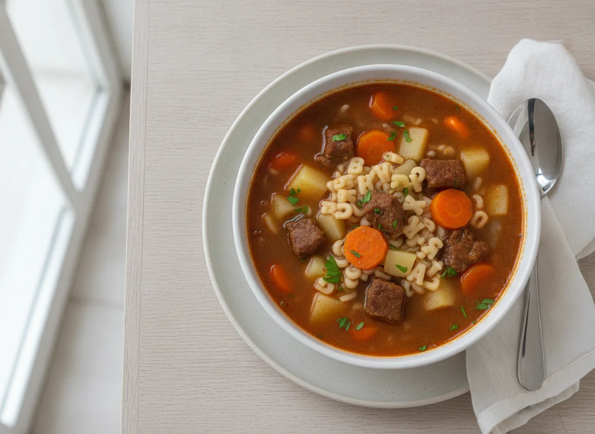 Sopa de letrinhas com carne e legumes photo