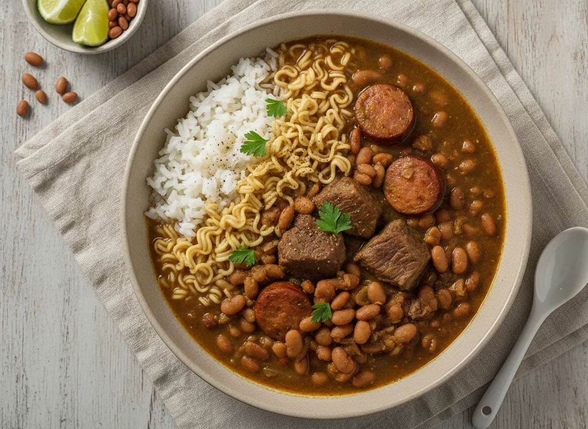 Sopa de macarrão com arroz, feijão e carnes photo