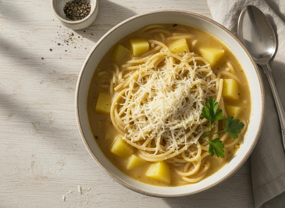 Sopa de Macarrão com Batata e Queijo Ralado photo