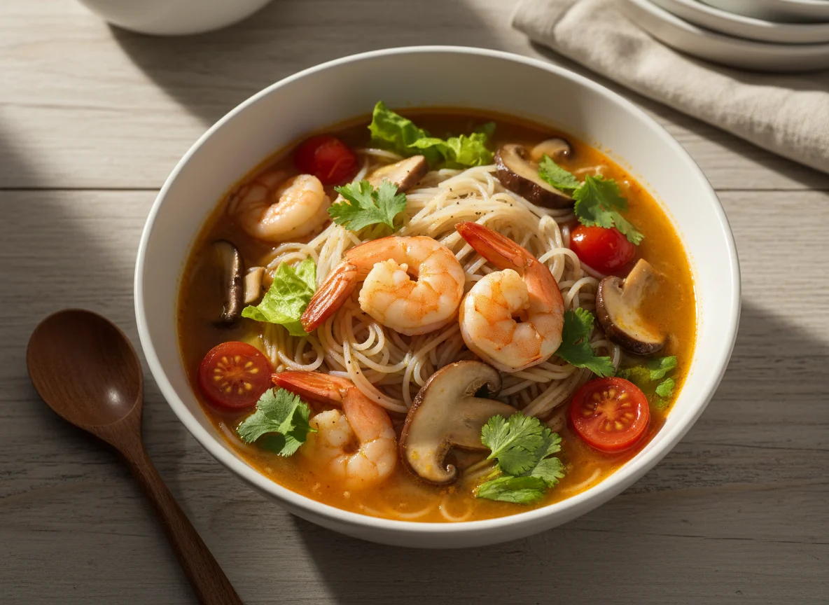 Sopa de macarrão com camarão e cogumelos photo