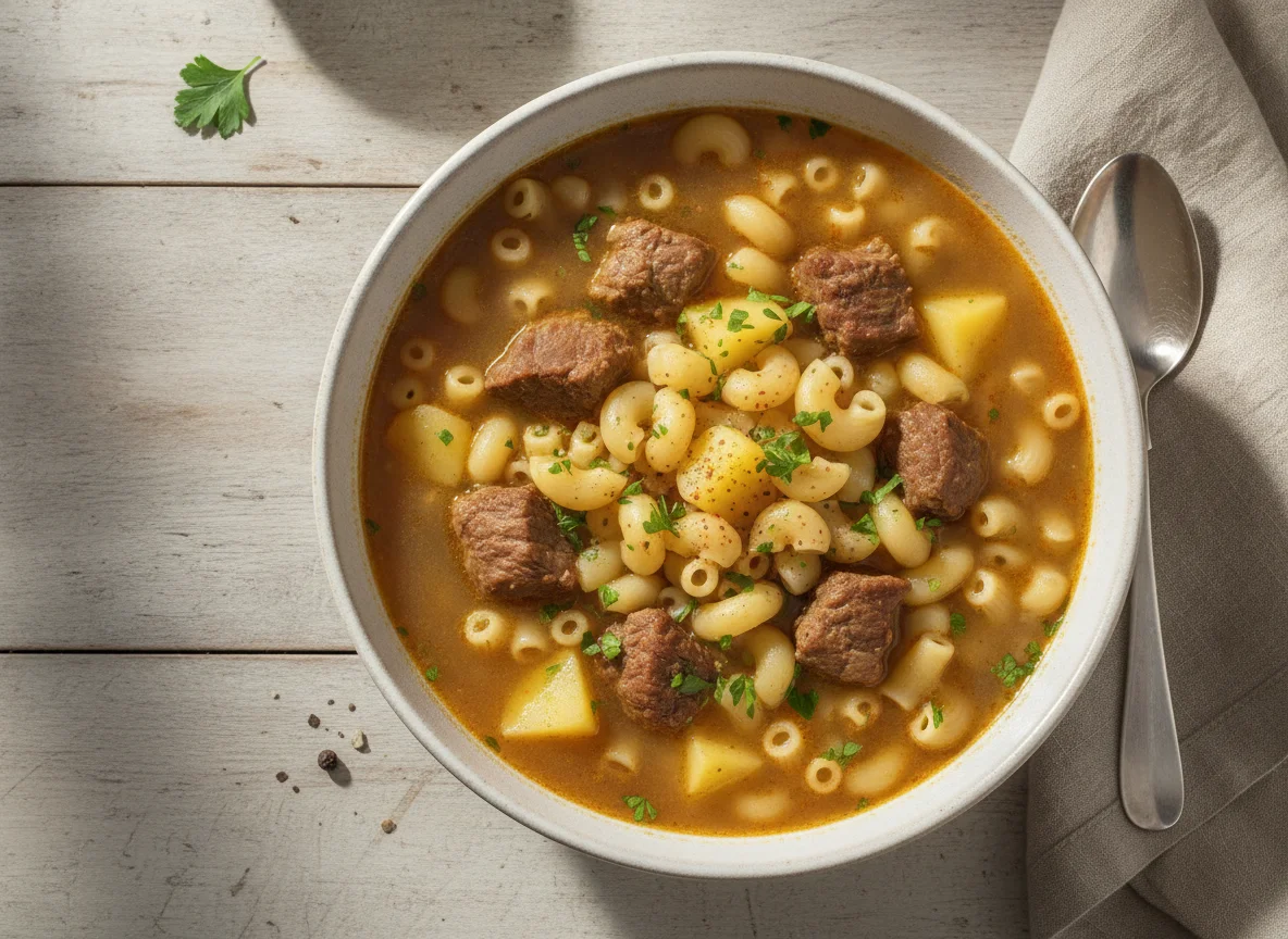 Sopa de Macarrão com Carne e Batata photo