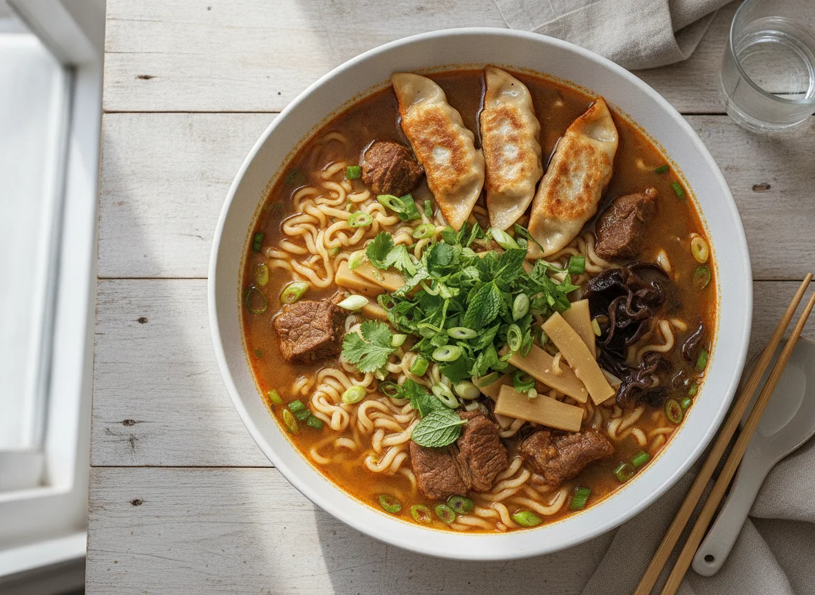 Sopa de Macarrão com Carne e Gyoza photo