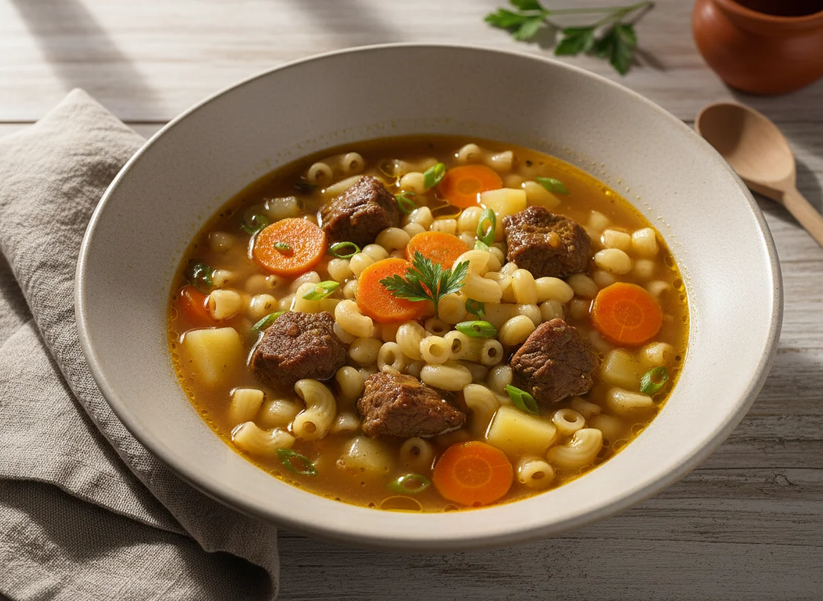 Sopa de macarrão com carne e legumes photo