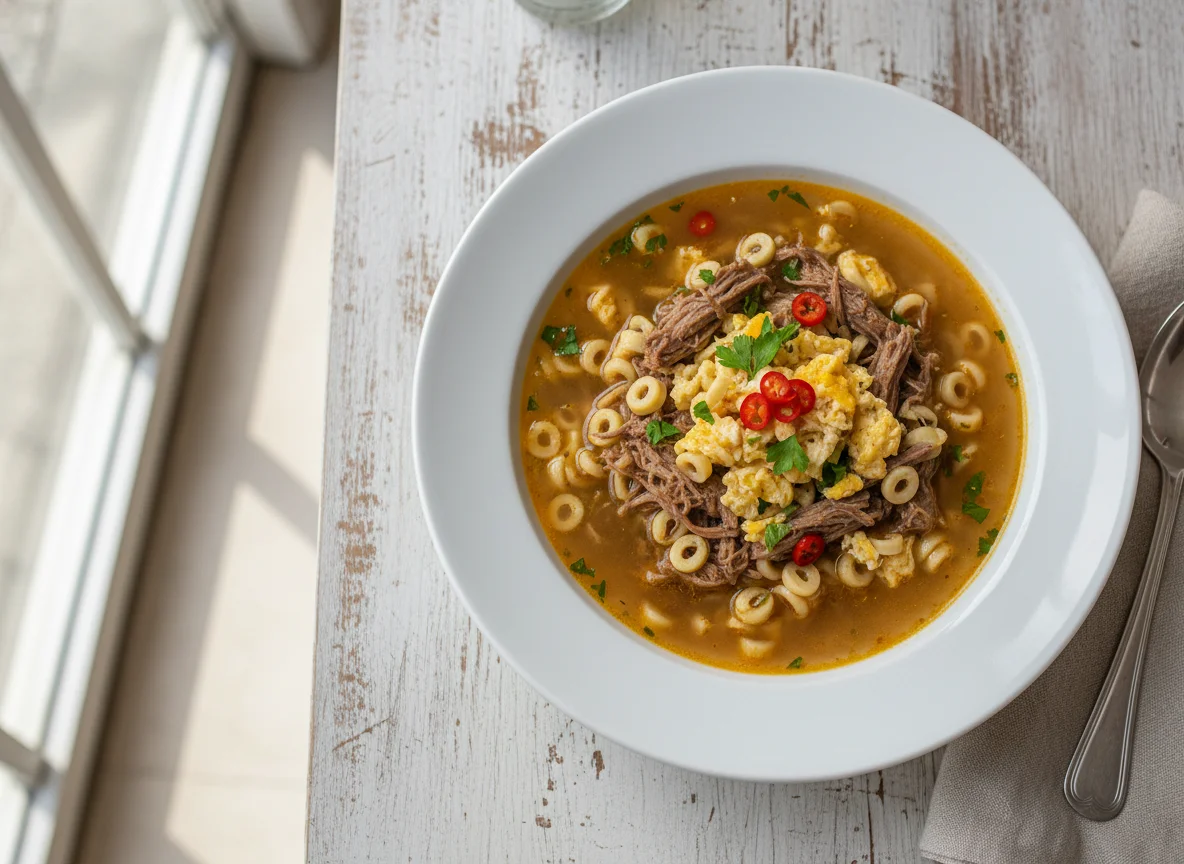 Sopa de macarrão com carne e ovo photo