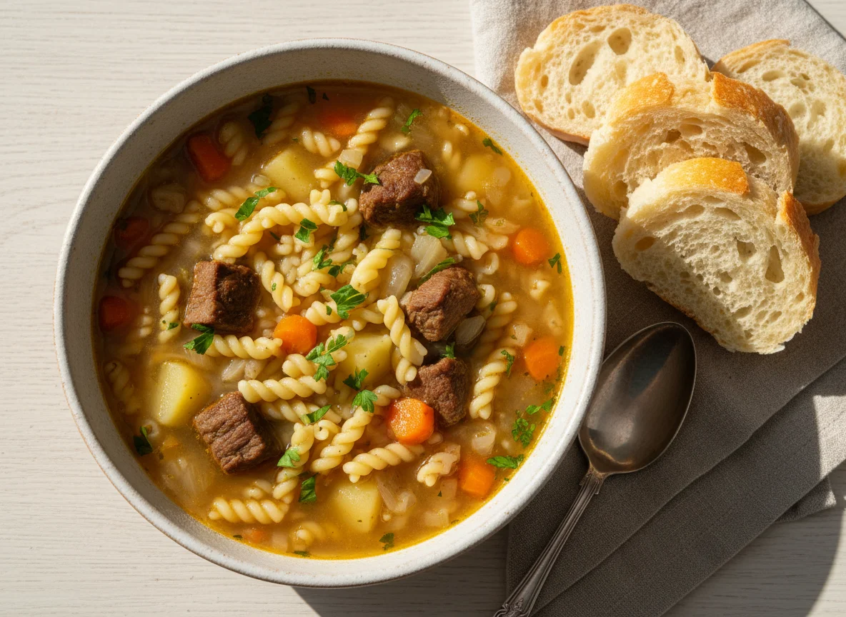 Sopa de macarrão com carne e pão photo