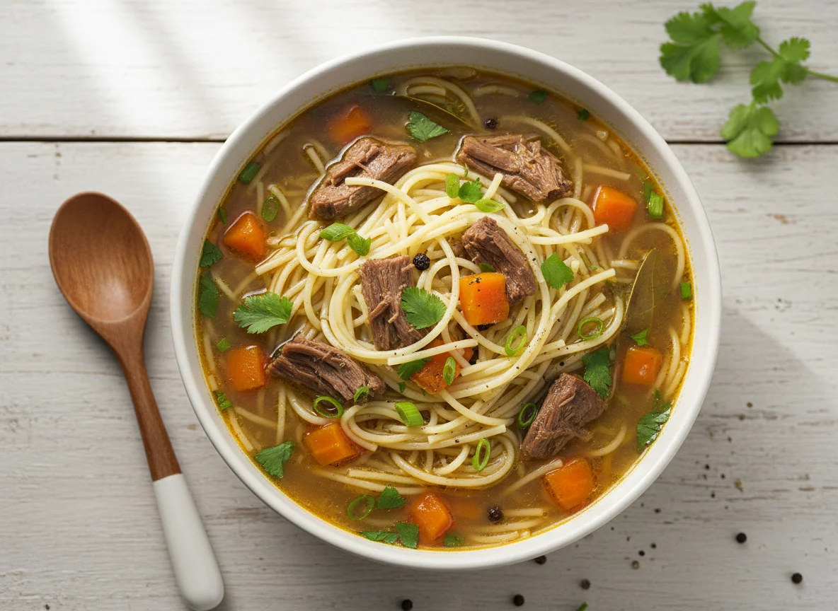 Sopa de macarrão com carne e vegetais photo