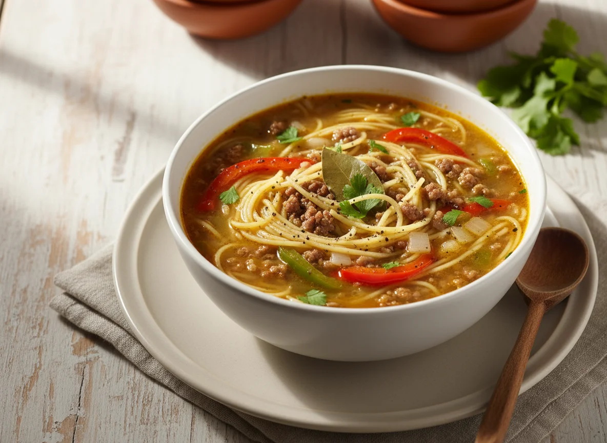 Sopa de macarrão com carne moída photo