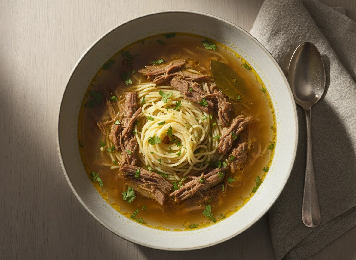 Sopa de macarrão com carne photo