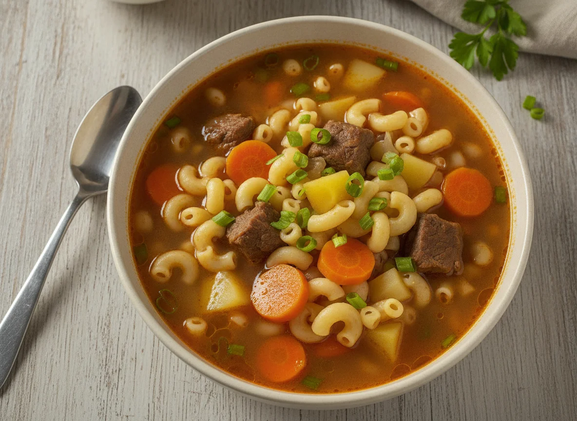 Sopa de macarrão com carne paleta, batata, cenoura, batata baroa e cebolinha photo