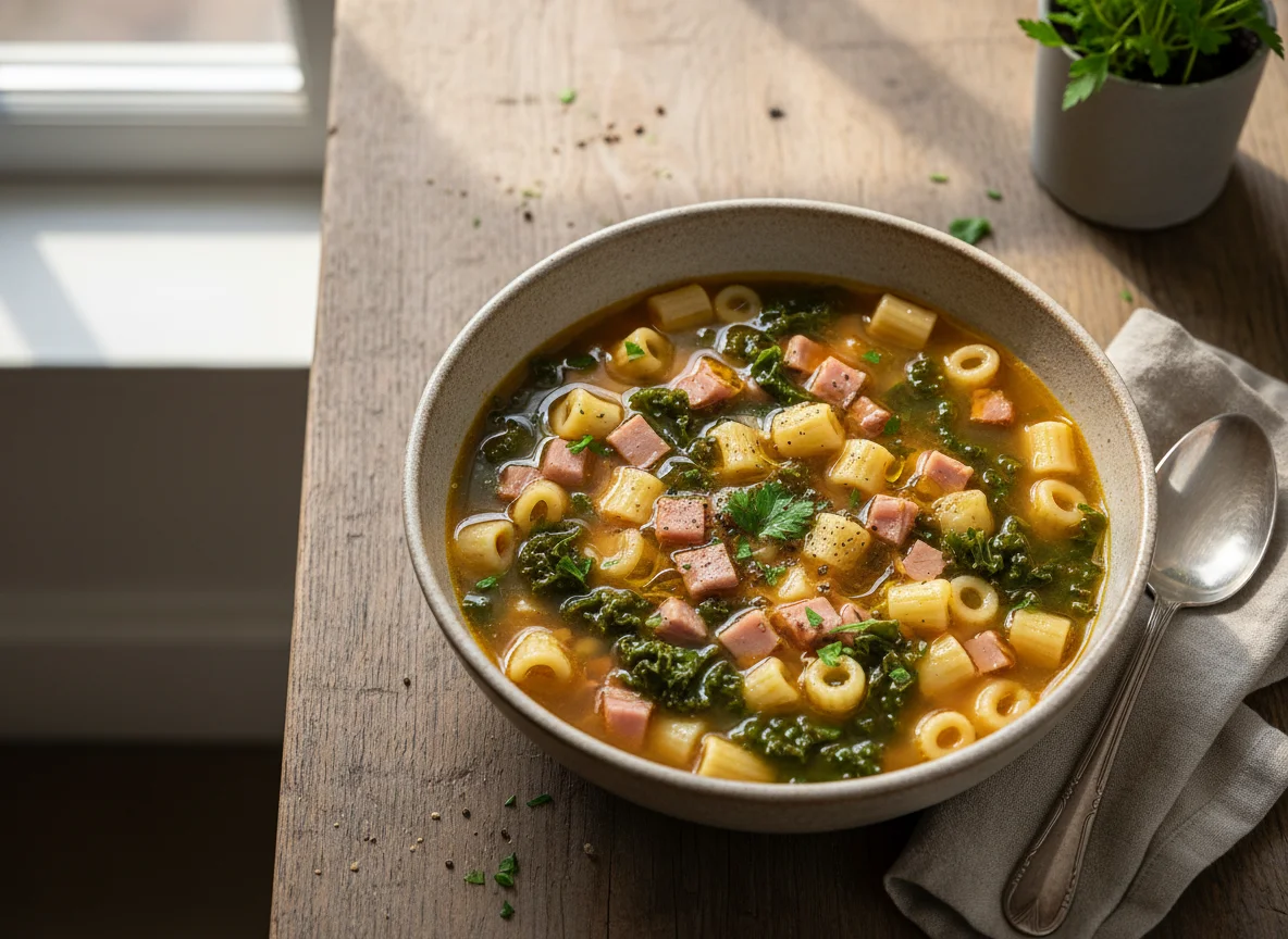 Sopa de macarrão com couve e presunto photo