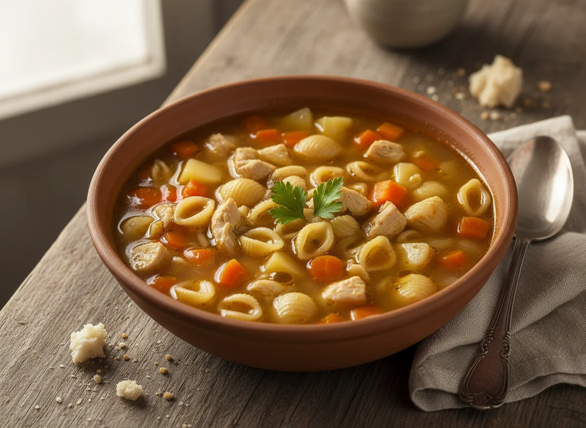 Sopa de macarrão com frango e legumes photo