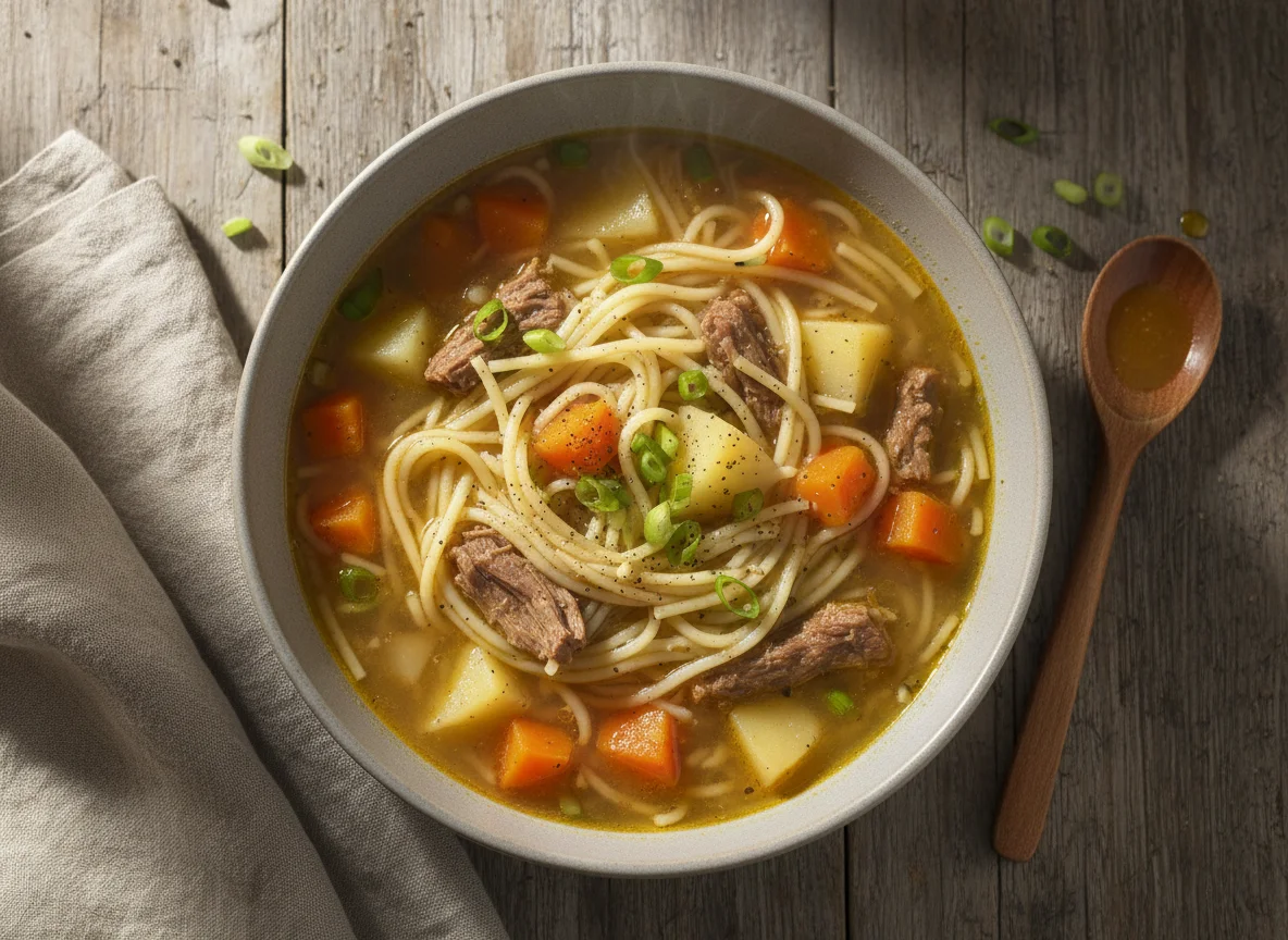 Sopa de macarrão com legumes e carne photo