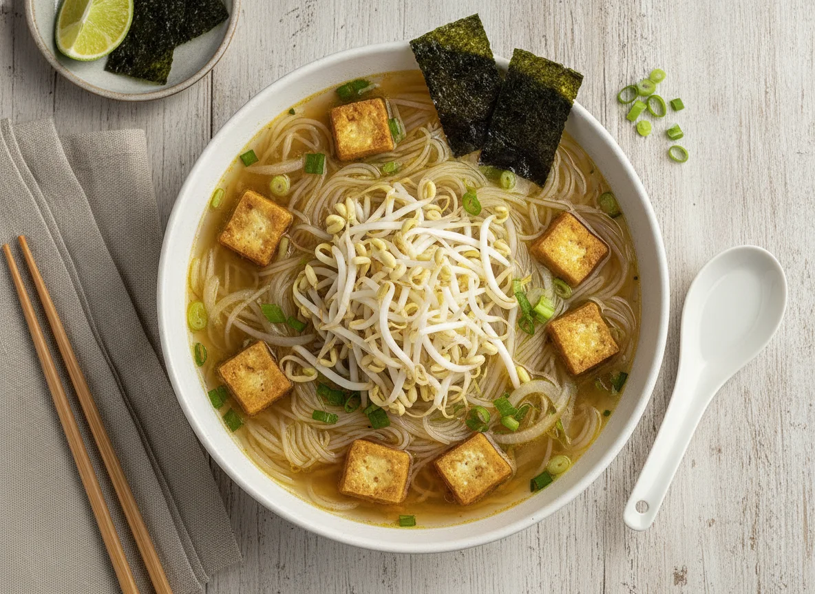 Sopa de Macarrão com Tofu e Broto de Feijão photo