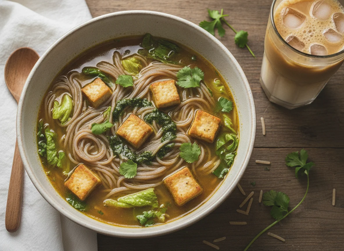 Sopa de Macarrão de Arroz com Tofu e Ervas photo
