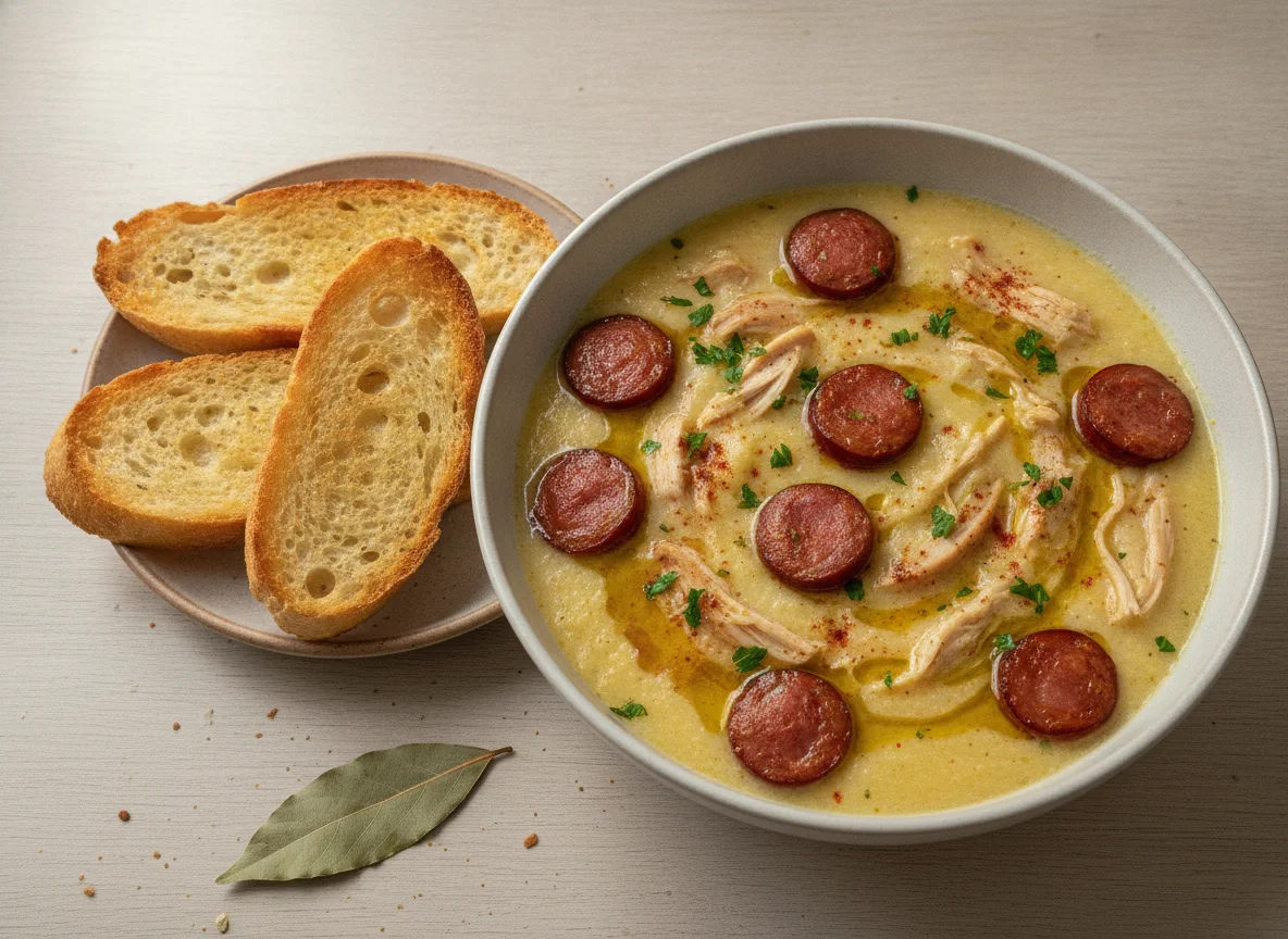 Sopa de Mandioca com Frango e Linguiça photo