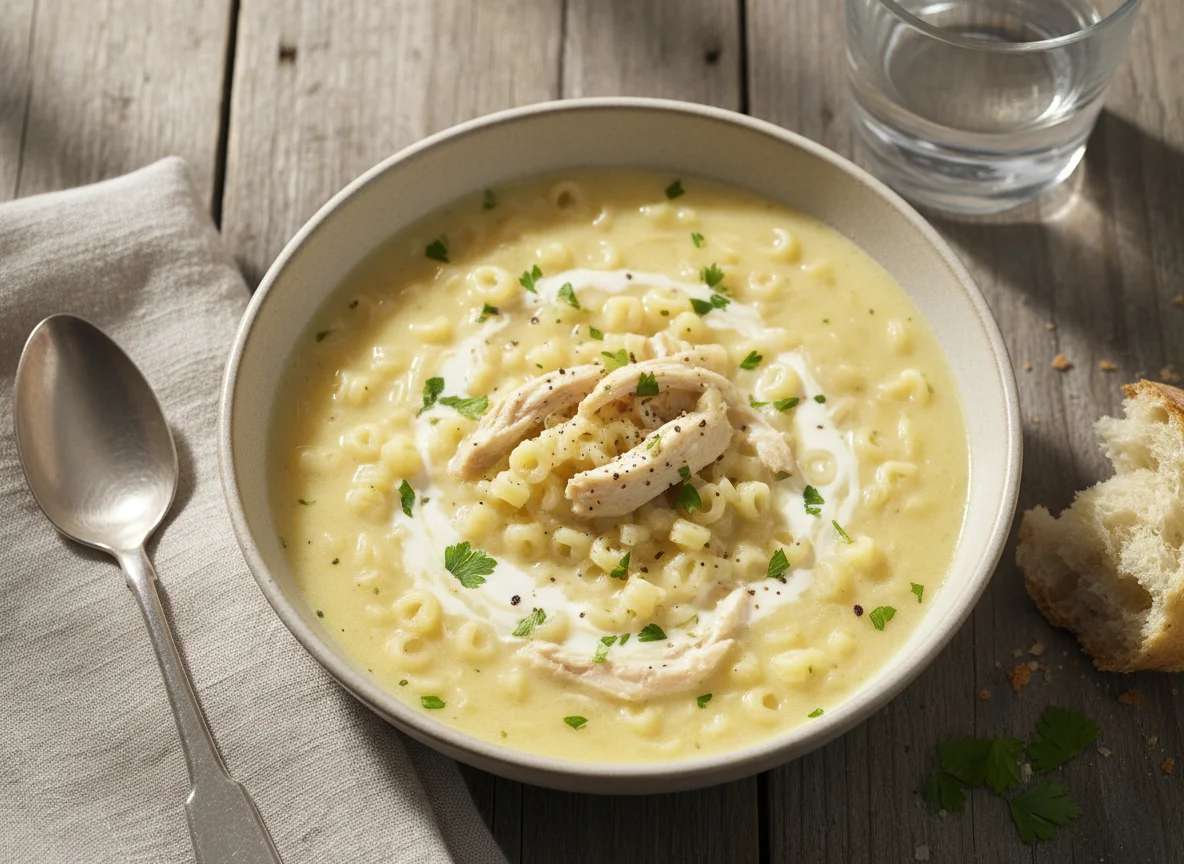 Sopa de massa com frango e natas photo