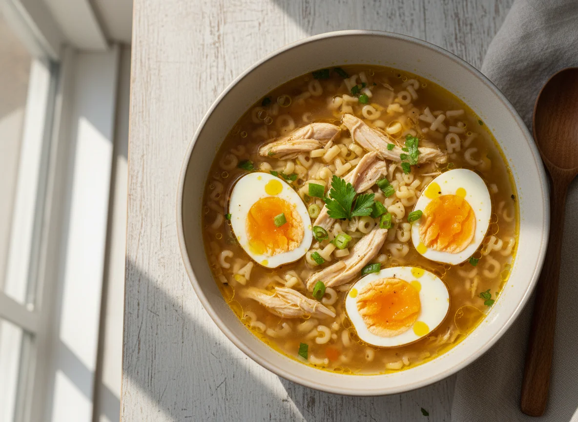 Sopa de massa com frango e ovo photo