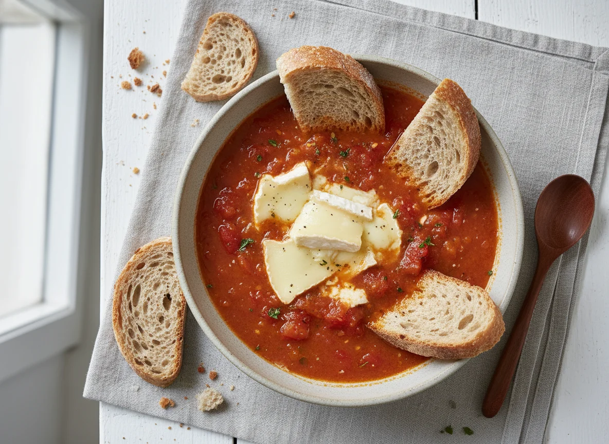 Sopa de tomate com pão e queijo photo