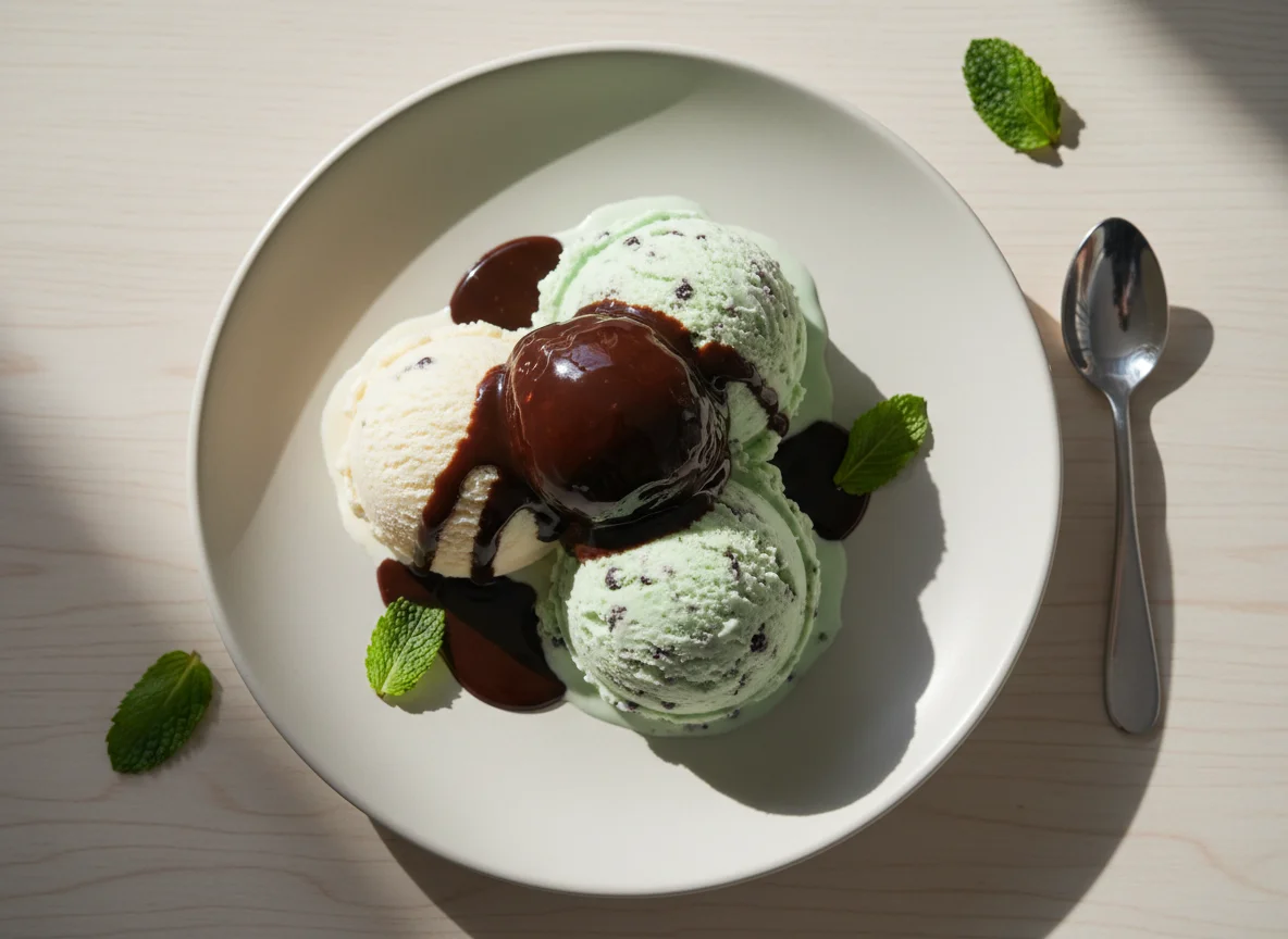 Sorvete com calda de chocolate photo