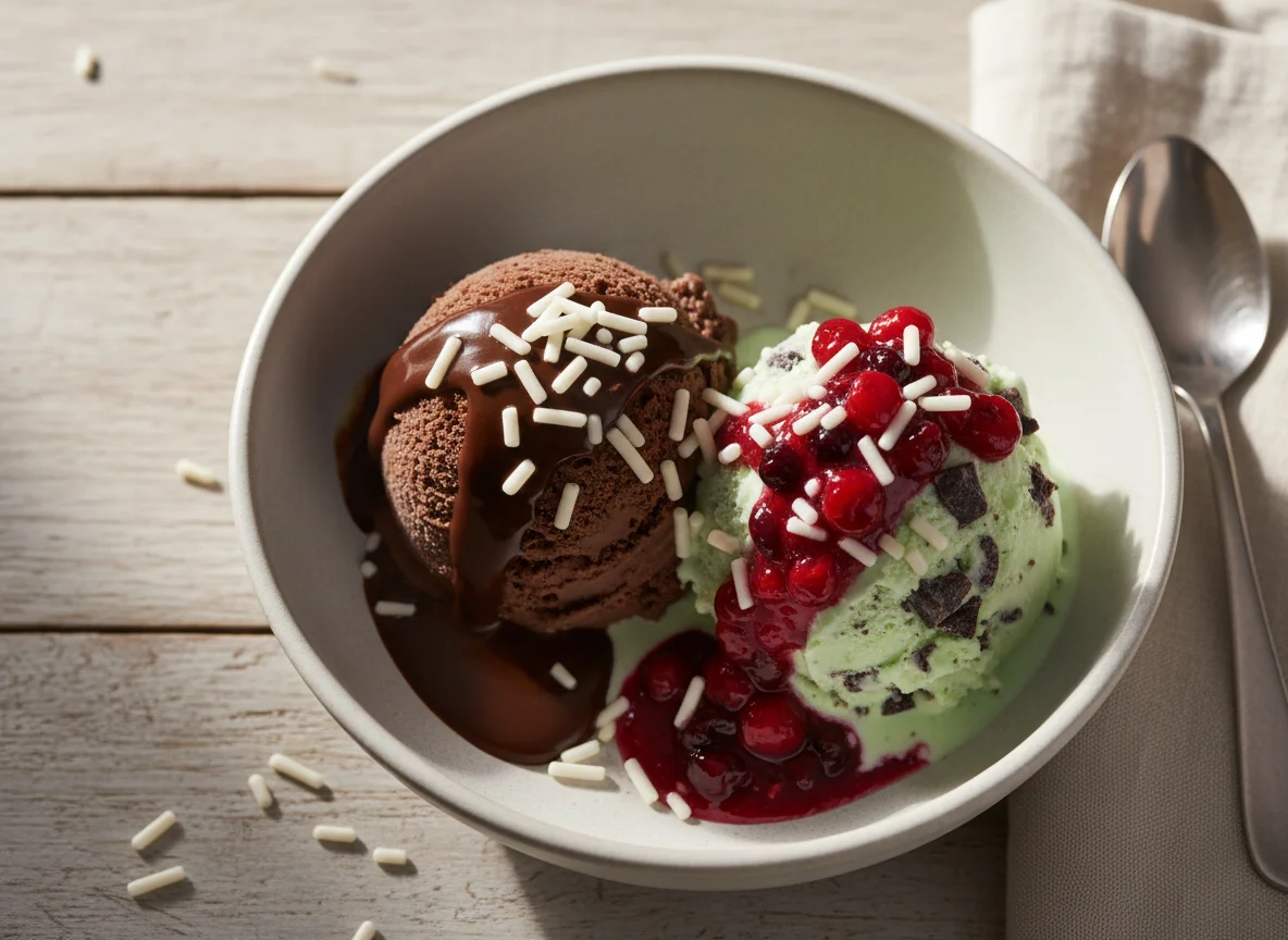 Sorvete com cobertura e granulado photo