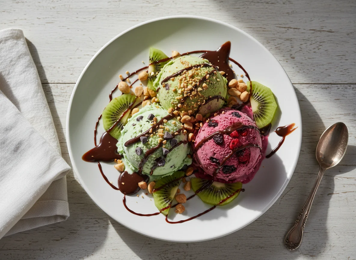 Sorvete com frutas e calda de chocolate photo