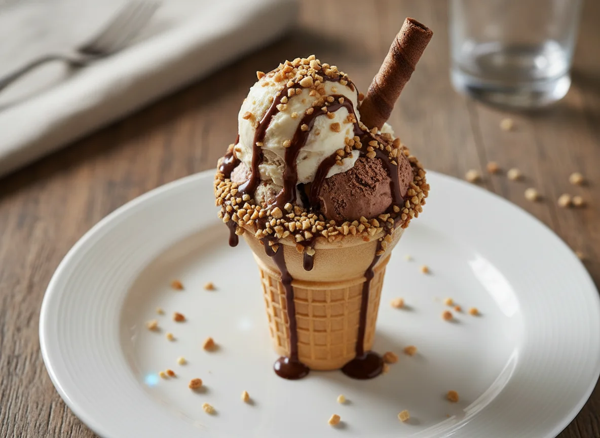 Sorvete de casquinha com calda e amendoim photo