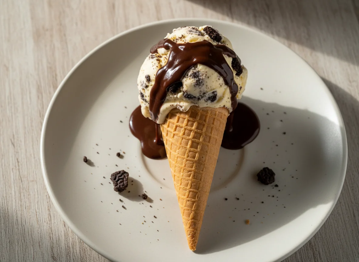 Sorvete de casquinha com cobertura de chocolate photo