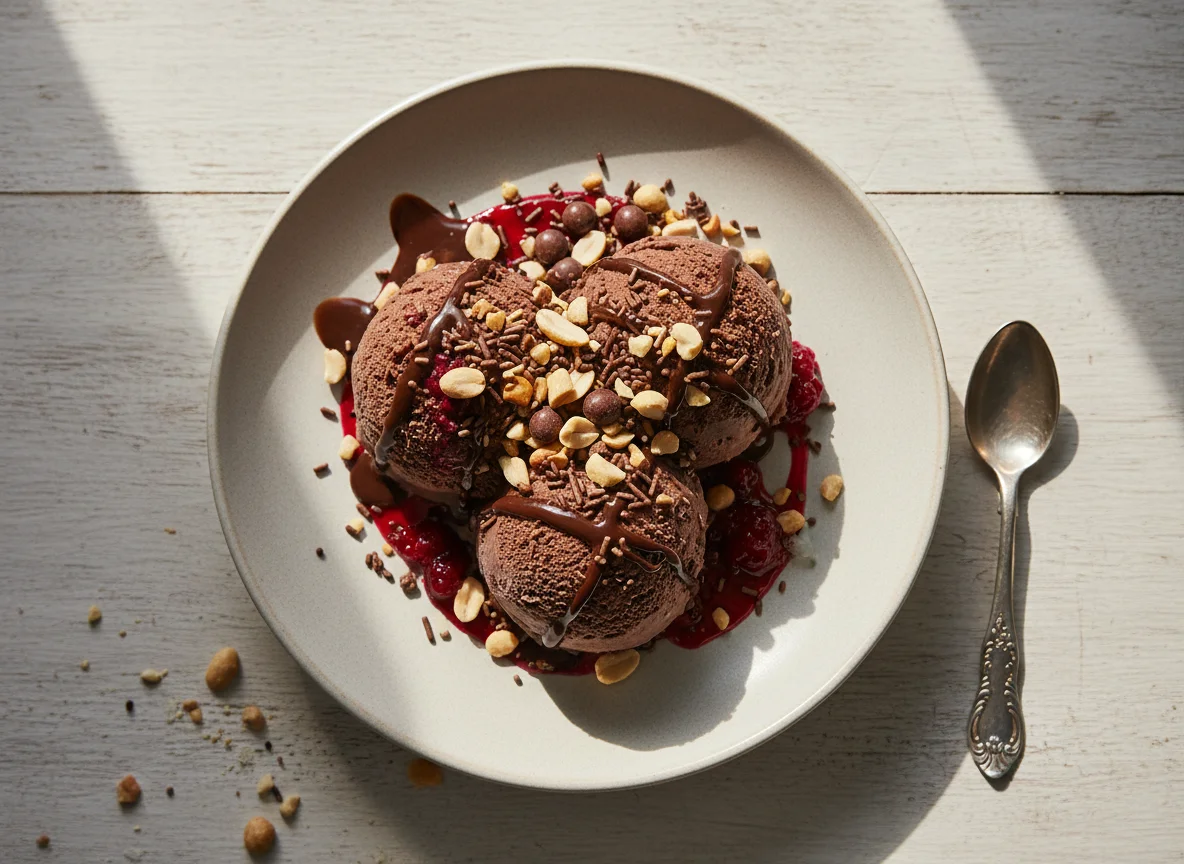 Sorvete de chocolate com calda, amendoim e confeitos photo