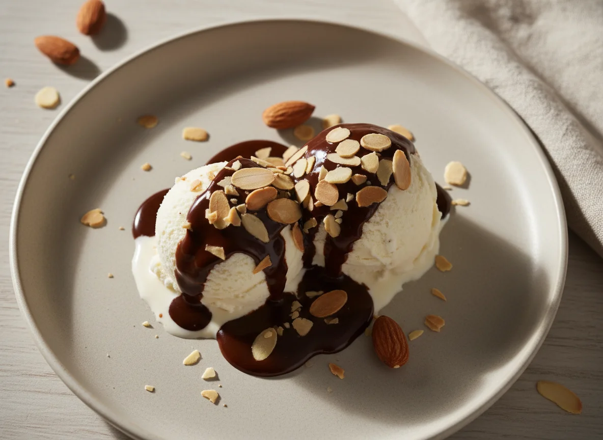 Sorvete de creme com calda de chocolate e amêndoas photo